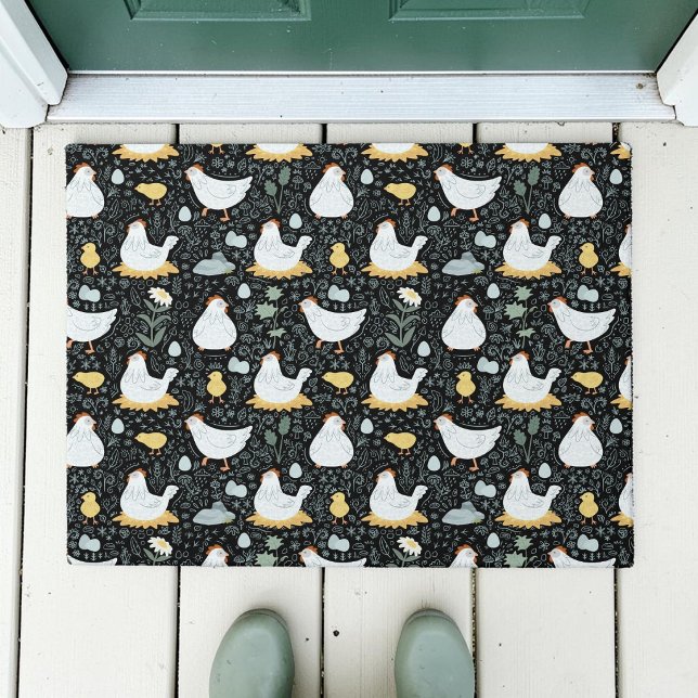 Rustic Black Farmhouse Chicken Pattern Doormat (Creator Uploaded)