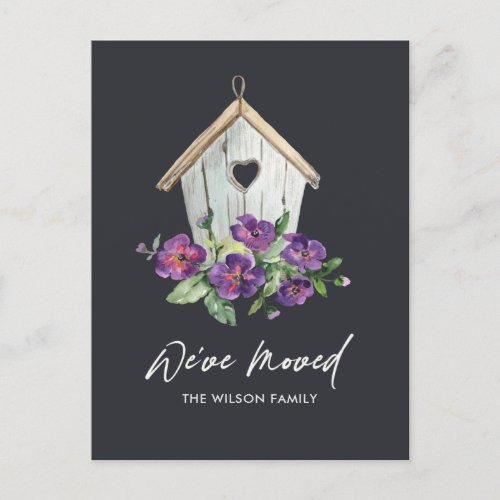 RUSTIC BLACK FLORAL BIRD HOUSE MOVING NEW ADDRESS ANNOUNCEMENT POSTCARD