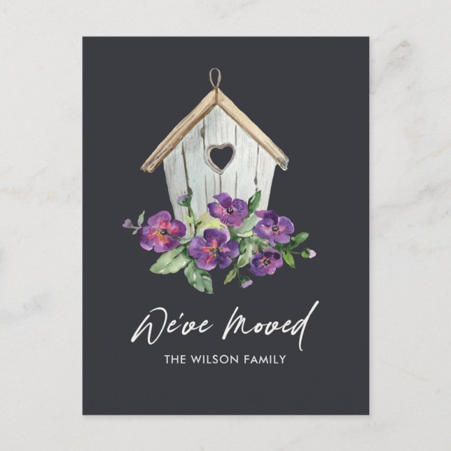 RUSTIC BLACK FLORAL BIRD HOUSE MOVING NEW ADDRESS ANNOUNCEMENT POSTCARD (Front)