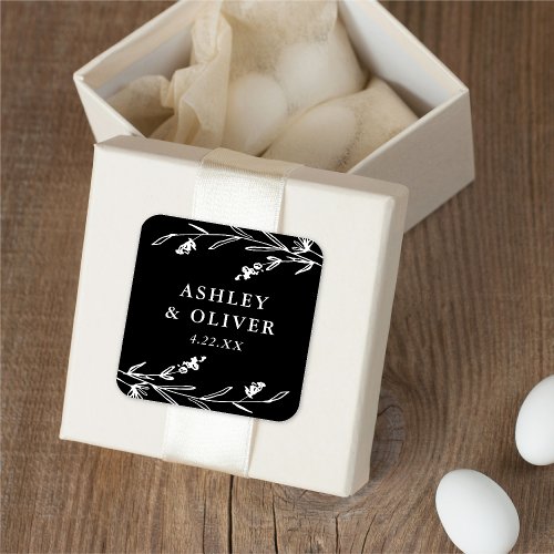 Rustic Black Floral Wildflower Wedding Favor Square Sticker