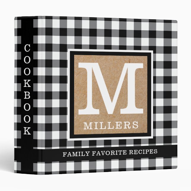 Rustic Black Gingham Family Monogram Cookbook 3 Ring Binder (Front/Spine)