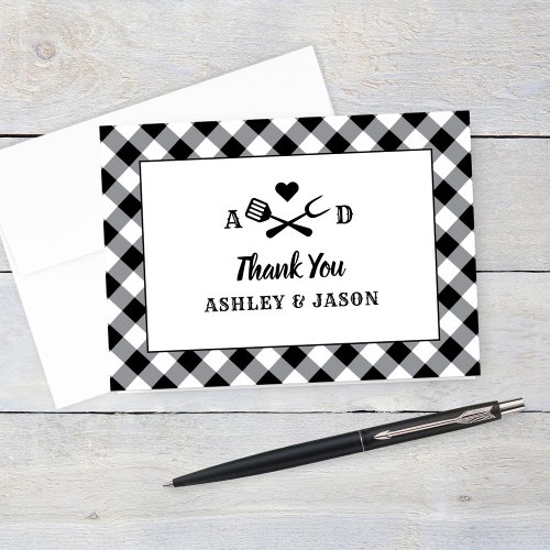 Rustic Black Gingham Plaid BBQ Wedding Monogram Thank You Card