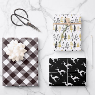 Rustic Black & Gold Christmas Reindeer Evergreens Wrapping Paper Sheets