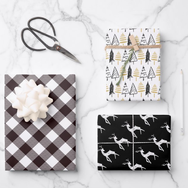 Rustic Black & Gold Christmas Reindeer Evergreens Wrapping Paper Sheets (Front)