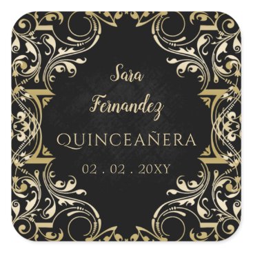 Rustic Black Gold Elegant Quinceanera Square Sticker