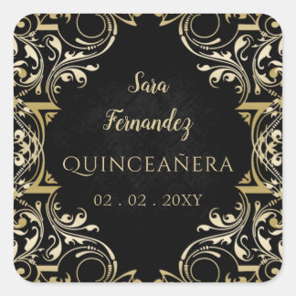 Rustic Black Gold Elegant Quinceanera Square Sticker