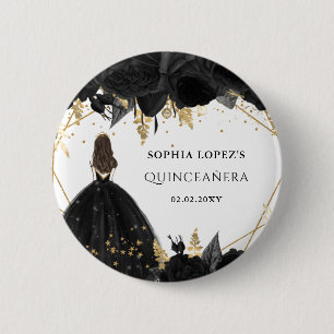 Rustic Black Gold Floral Princess Quinceanera Button
