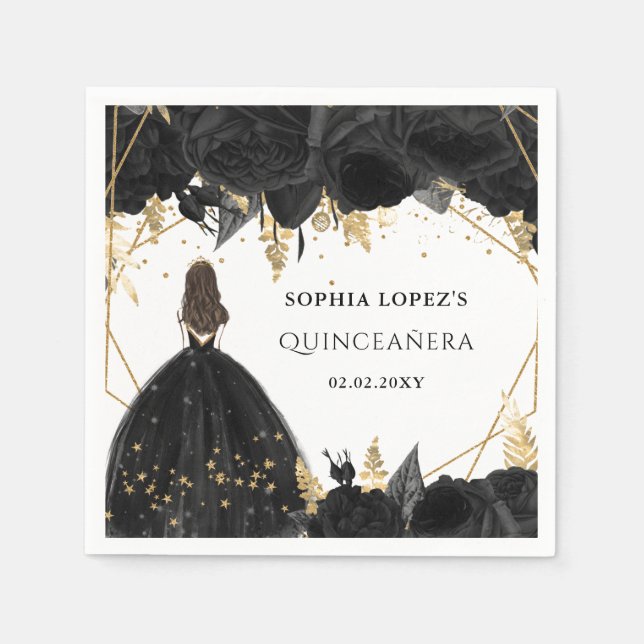 Rustic Black Gold Floral Princess Quinceanera  Napkins (Front)