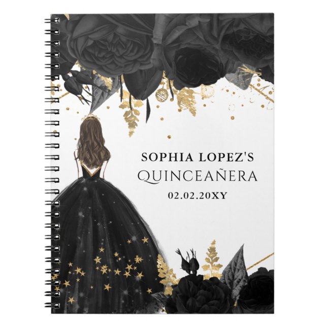 Rustic Black Gold Floral Princess Quinceanera   Notebook (Front)