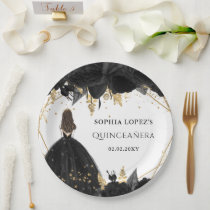 Rustic Black Gold Floral Princess Quinceanera Paper Plates