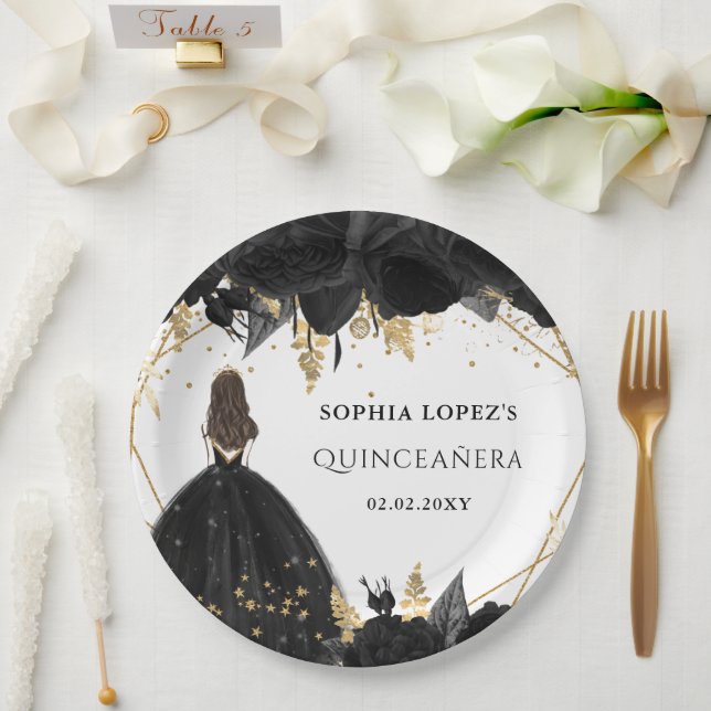 Rustic Black Gold Floral Princess Quinceanera Paper Plates (Wedding)