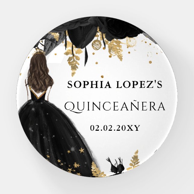 Rustic Black Gold Floral Princess Quinceanera   Paperweight (Front)