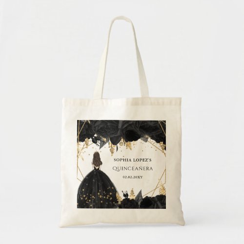 Rustic Black Gold Floral Princess Quinceanera   Tote Bag