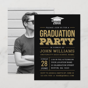 Rustic Black Gold Photo Graduation Party Invitation