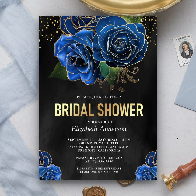 Rustic Black Gold Royal Blue Floral Bridal Shower Invitation (Creator Uploaded)