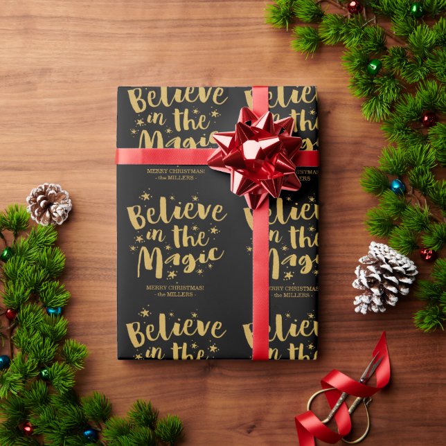 Rustic Black Gold Script Believe In The Magic Wrapping Paper (Holiday Gift)