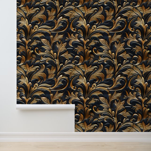 Rustic black gold tooled leather  wallpaper  (Application)