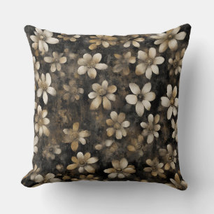 Rustic Black Gold White Floral Print Throw Pillow