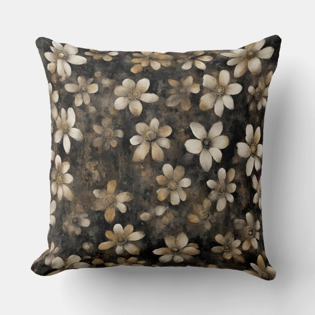 Rustic Black Gold White Floral Print Throw Pillow (Front)