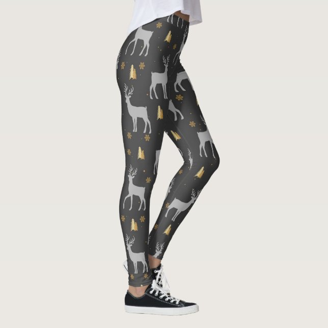 Rustic Black Gold Winter Deer Woodland Pattern Leggings (Right)