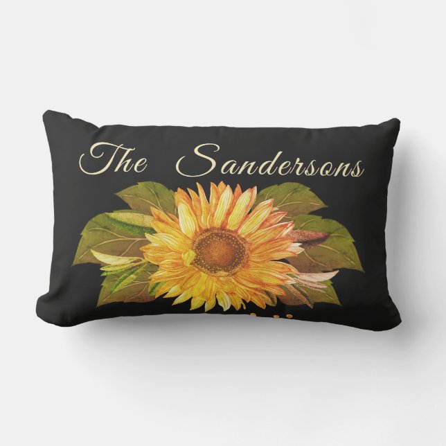  Rustic Black Golden Yellow Sunflower Lumbar Pillow (Front)