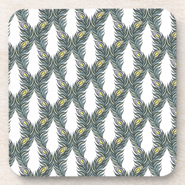 Rustic black, green and white Peacock feathers Beverage Coaster (Front)