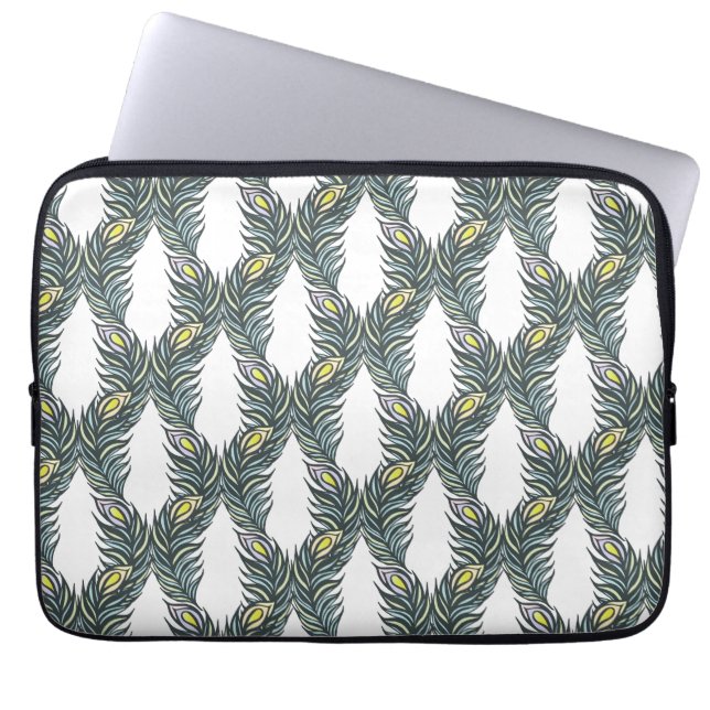 Rustic black, green and white Peacock feathers Laptop Sleeve (Front)