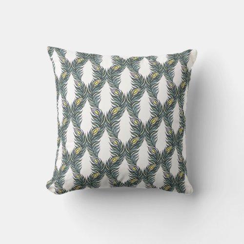Rustic black green and white Peacock feathers Throw Pillow