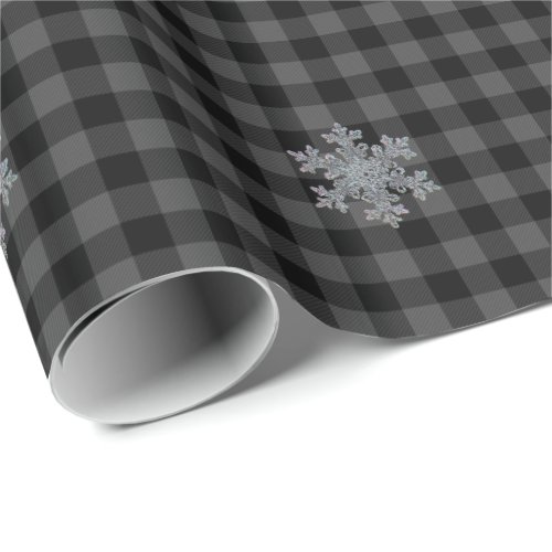 Rustic black grey Tartan plaid _ snow flake Wrapping Paper