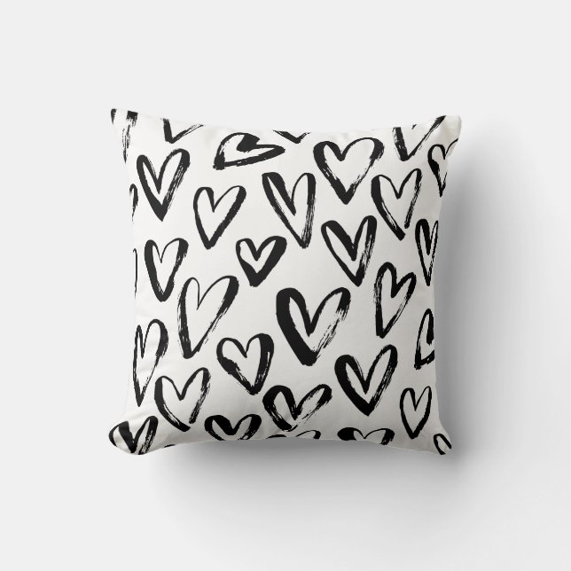 Rustic Black Hearts Monochrome Pattern Throw Pillow (Front)