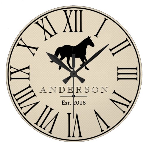 Rustic Black Horse Silhouette &amp; Family Name Large Clock