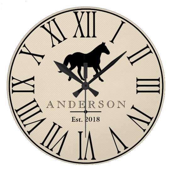 Rustic Black Horse Silhouette & Family Name Large Clock