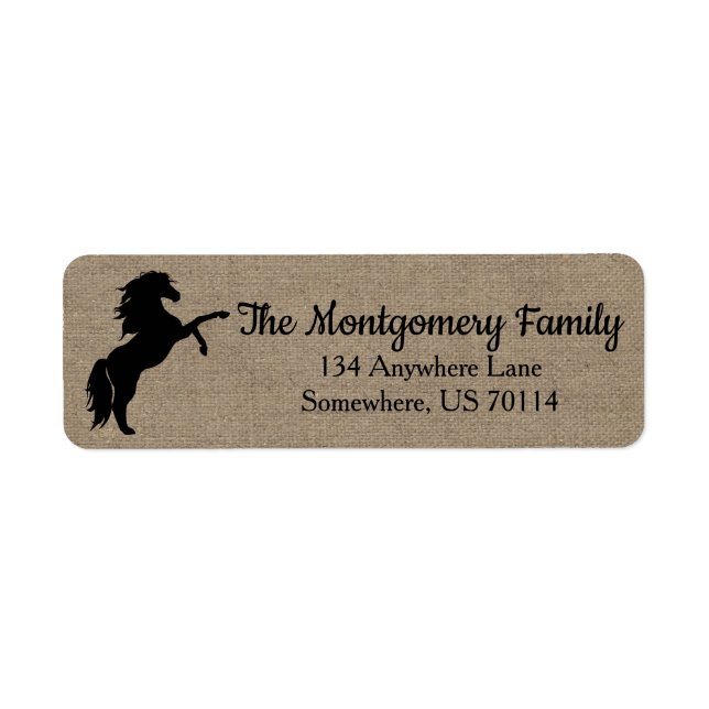 Rustic Black Horse Silhouette Faux Burlap Label (Front)