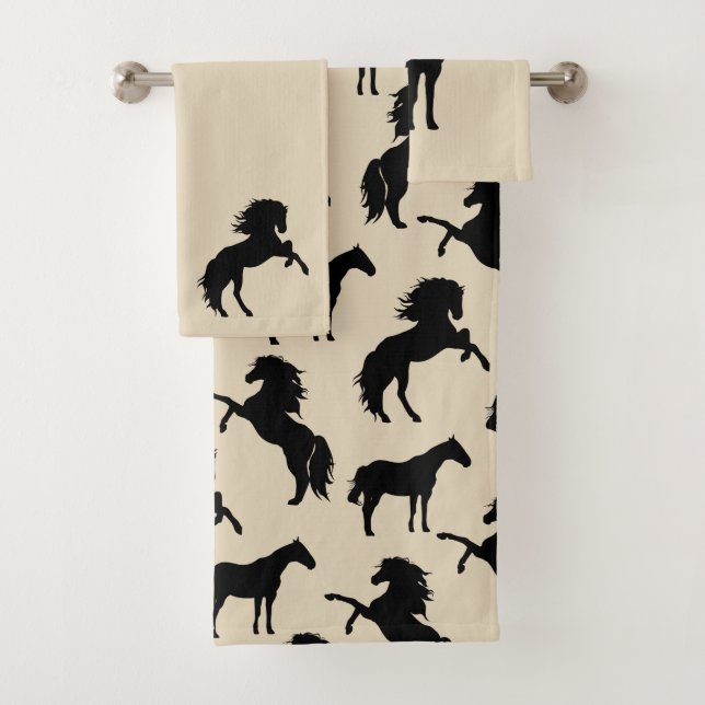 Rustic Black Horse Silhouettes & Taupe Bath Towel Set (Insitu)