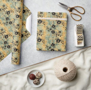 Rustic Black & Ivory Wildflowers on Sage Green Wrapping Paper