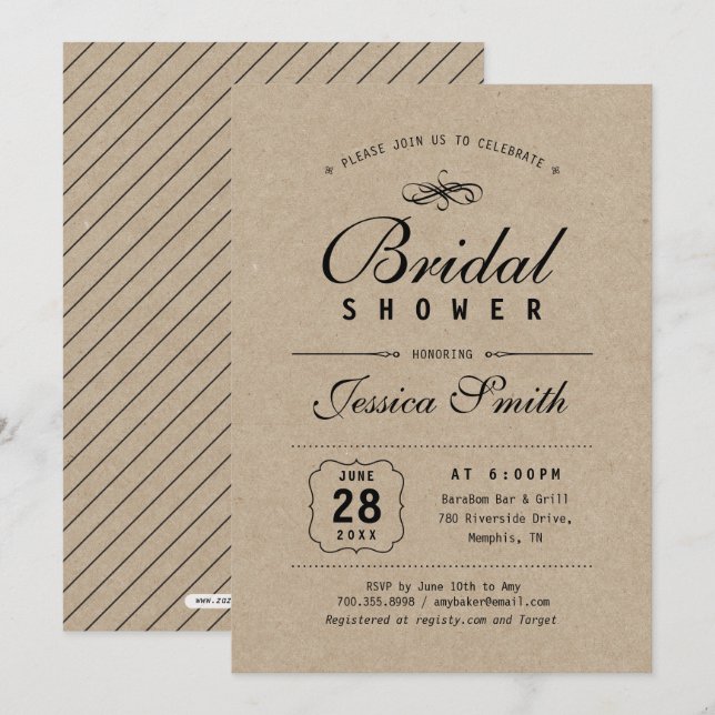 Rustic Black & Kraft | Elegant Bridal Shower Invitation (Front/Back)