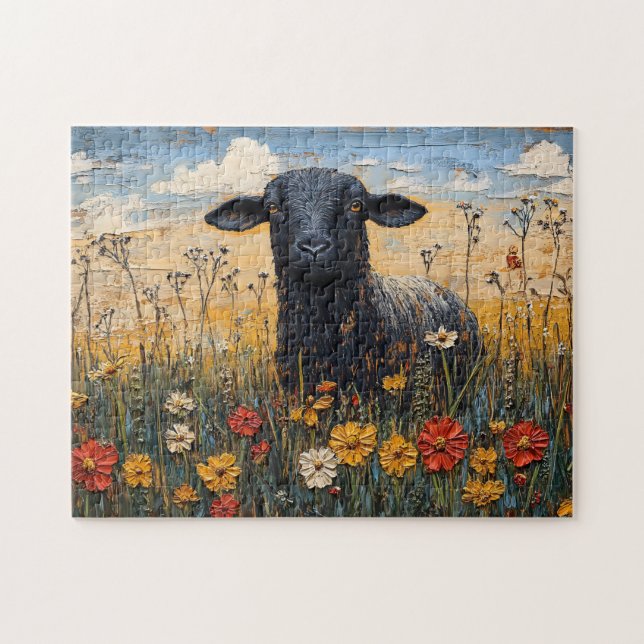 Rustic Black Lamb with Wildflowers Art Jigsaw Puzzle (Horizontal)