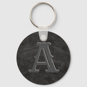 Rustic Black Leather Texture Monogram Initial Keychain