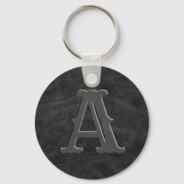 Rustic Black Leather Texture Monogram Initial Keychain (Front)