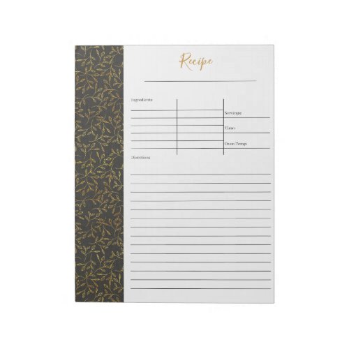 Rustic Black Linen and Gold Leaf Blank Recipe Notepad