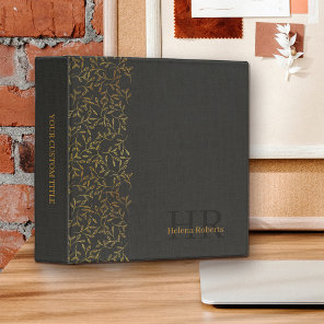 Rustic Black Linen Elegant Gold Leaf Monogrammed 3 Ring Binder