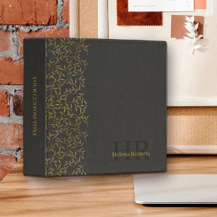 Rustic Black Linen Elegant Gold Leaf Monogrammed 3 Ring Binder