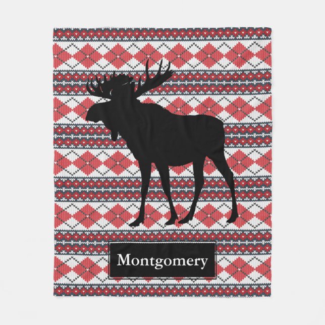 Rustic Black Moose Fair Isle Pattern Family Name Fleece Blanket (Front)