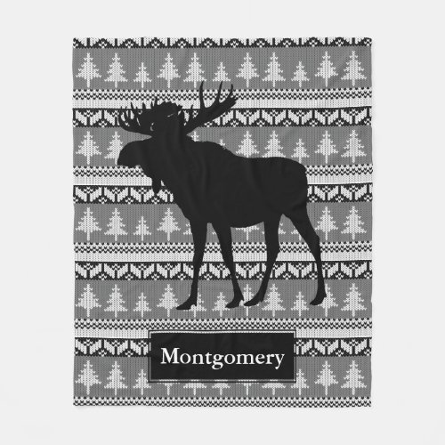 Rustic Black Moose Nordic Pattern Family Name Fleece Blanket