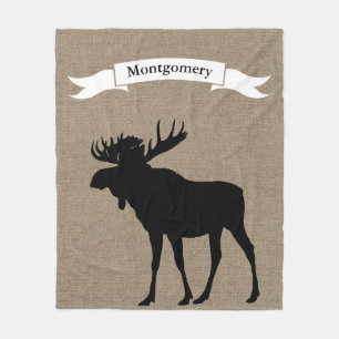 Rustic Black Moose Silhouette Ribbon Family Name Fleece Blanket
