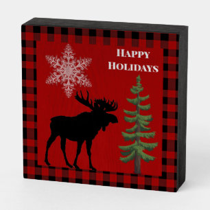 Rustic Black Moose Snowflake and  Fir Tree  Wooden Box Sign