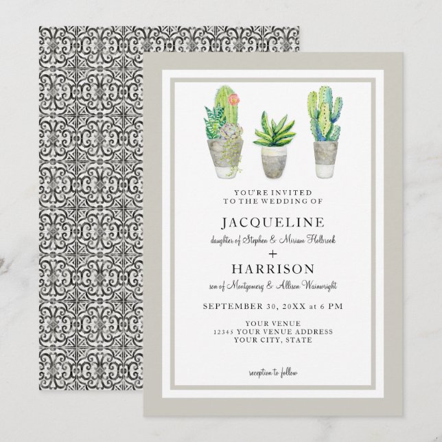 Rustic Black n White Tile Succulents n Cactus Art Invitation (Front/Back)