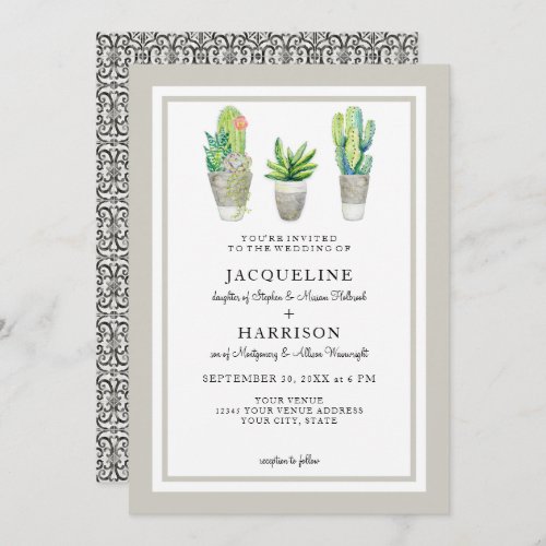 Rustic Black n White Tile Succulents n Cactus Art Invitation