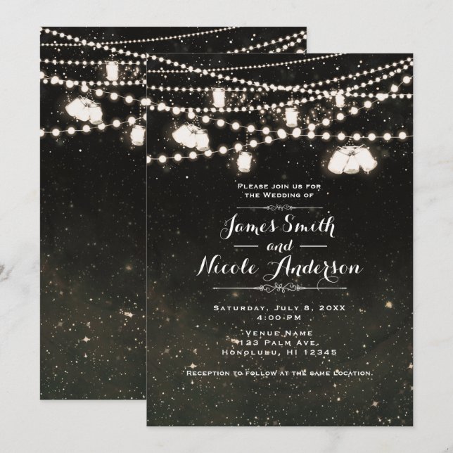 Rustic Black Night Sky Mason Jar Lights Wedding Invitation (Front/Back)