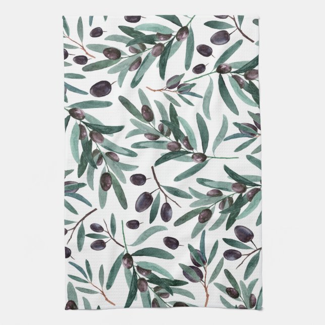 Rustic Black Olive Watercolor Illustration  Kitchen Towel (Vertical)